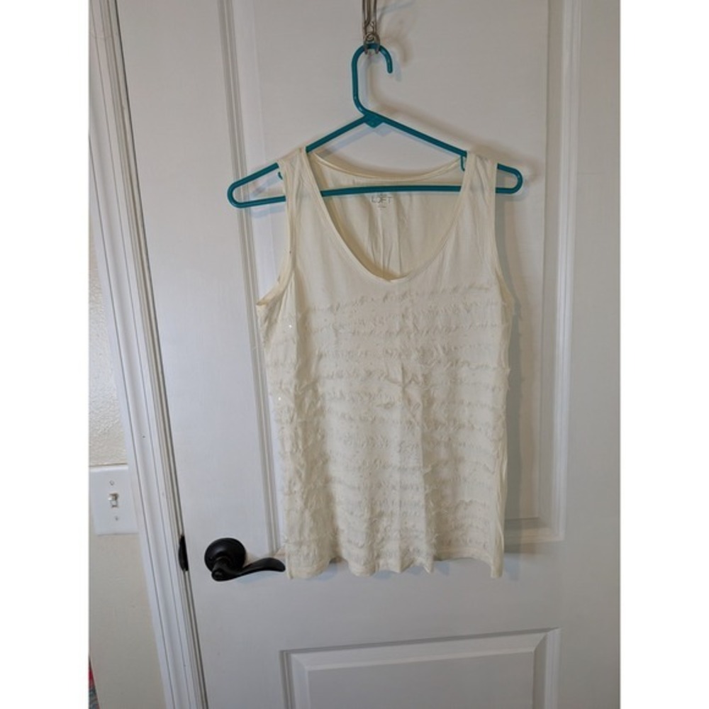 Ann Taylor Loft Cream Fringe Sequin V-Neck Tank Top Sleeveless Blouse Small